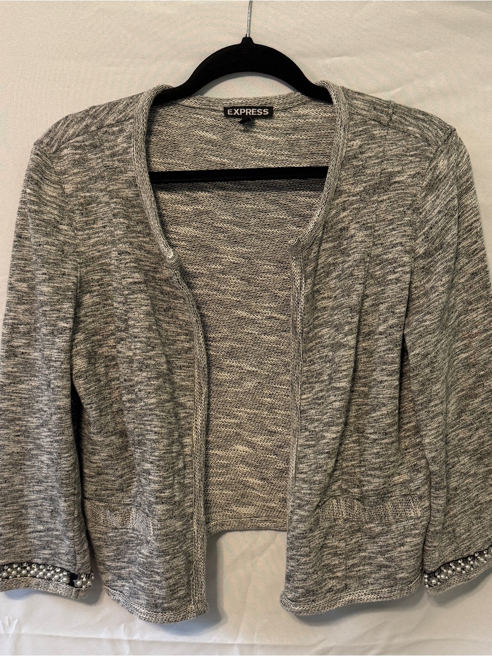 Express Women’s Gray Open-Front Sweater Cardigan w pearl rhinestone cuffs